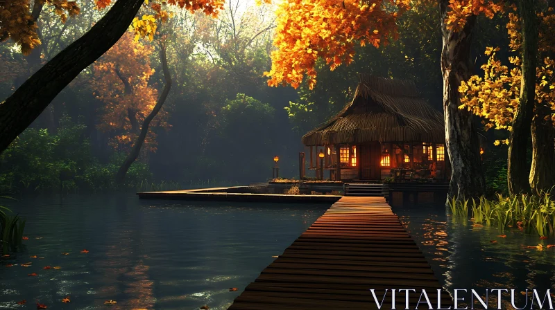 Peaceful Lake Cabin in Autumn Forest AI Image