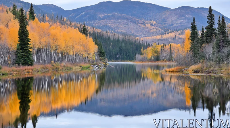 Peaceful Lake in Autumn with Mountain Backdrop AI Image