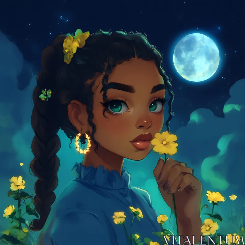 Moonlit Portrait of a Woman Holding a Yellow Flower AI Image