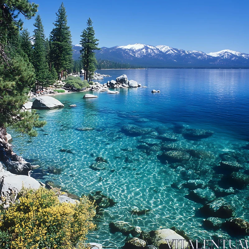 Turquoise Lake and Snowy Peaks Landscape AI Image