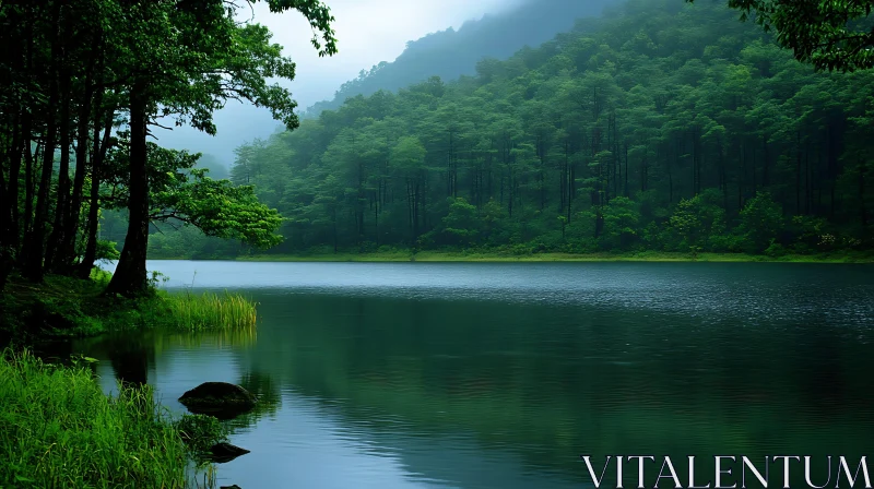 Tranquil Forest Lake with Misty Reflections AI Image