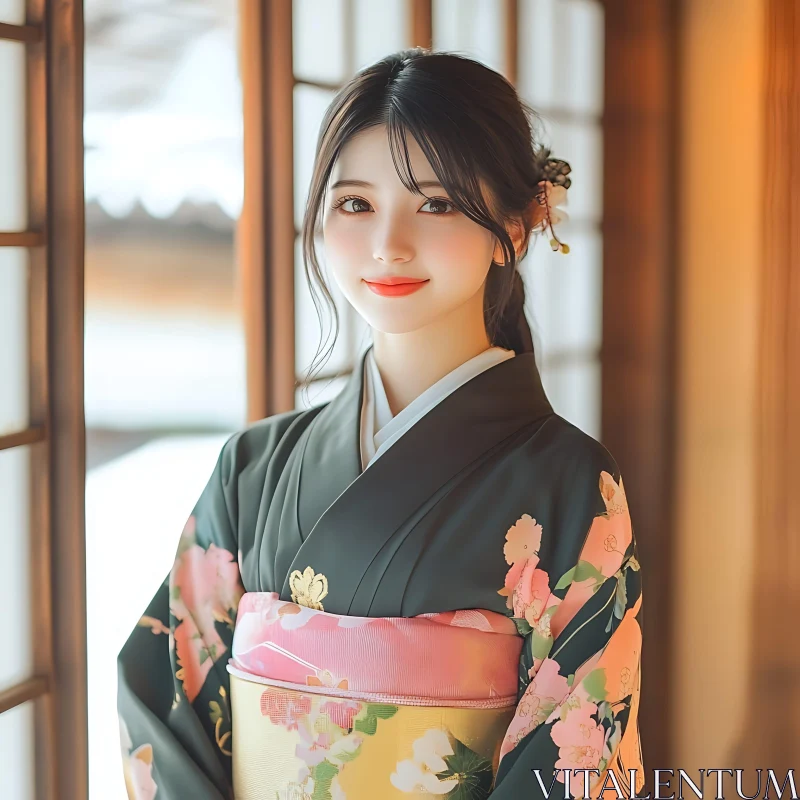 Serene Japanese Woman in Kimono AI Image