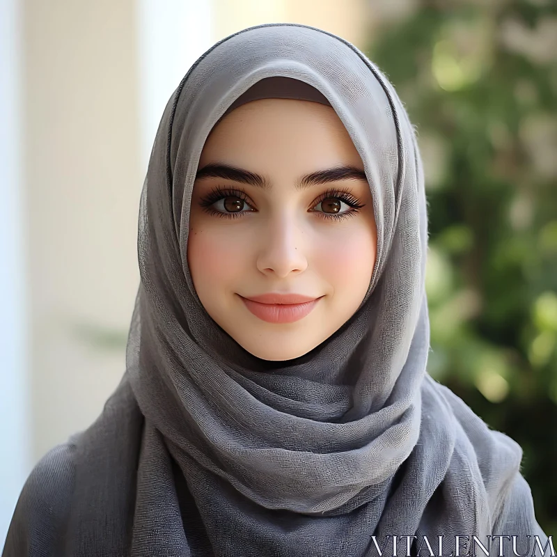 Serene Woman's Portrait with Gray Scarf AI Image