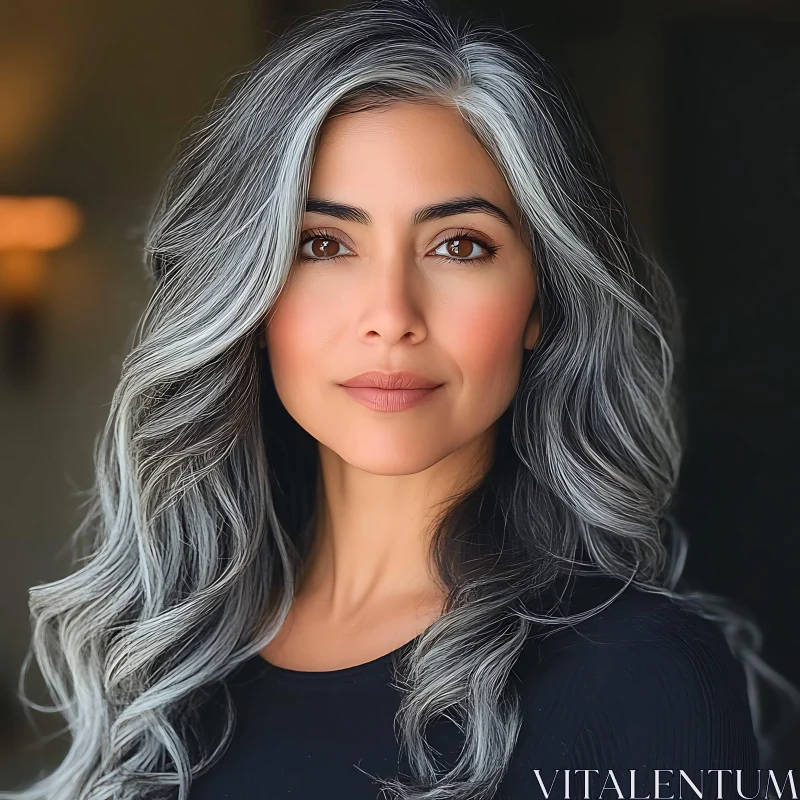 Poised Mature Woman with Flowing Gray Hair AI Image