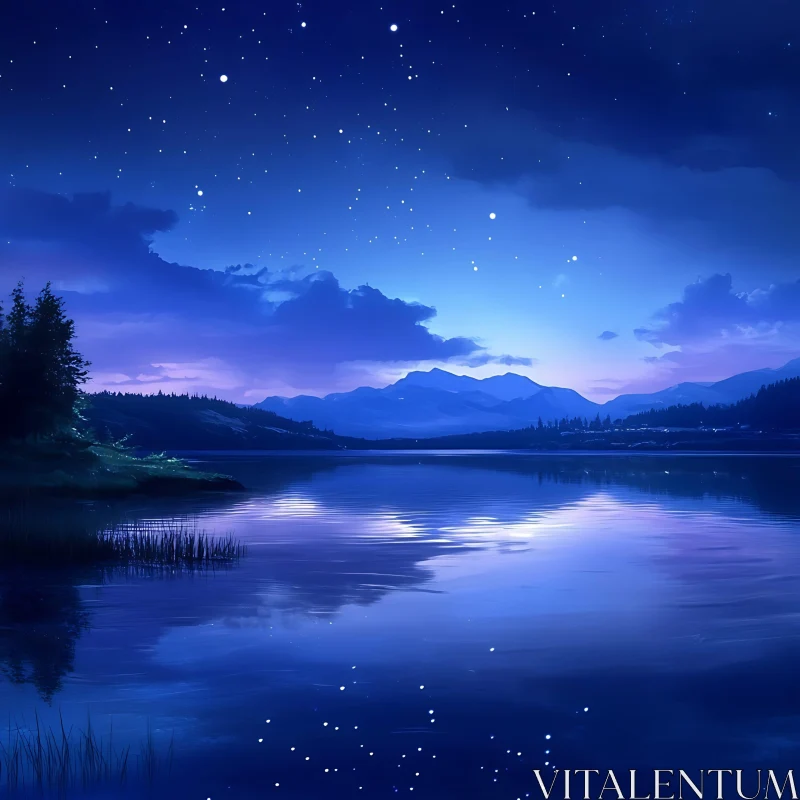 Starry Night Reflections Across a Peaceful Lake AI Image