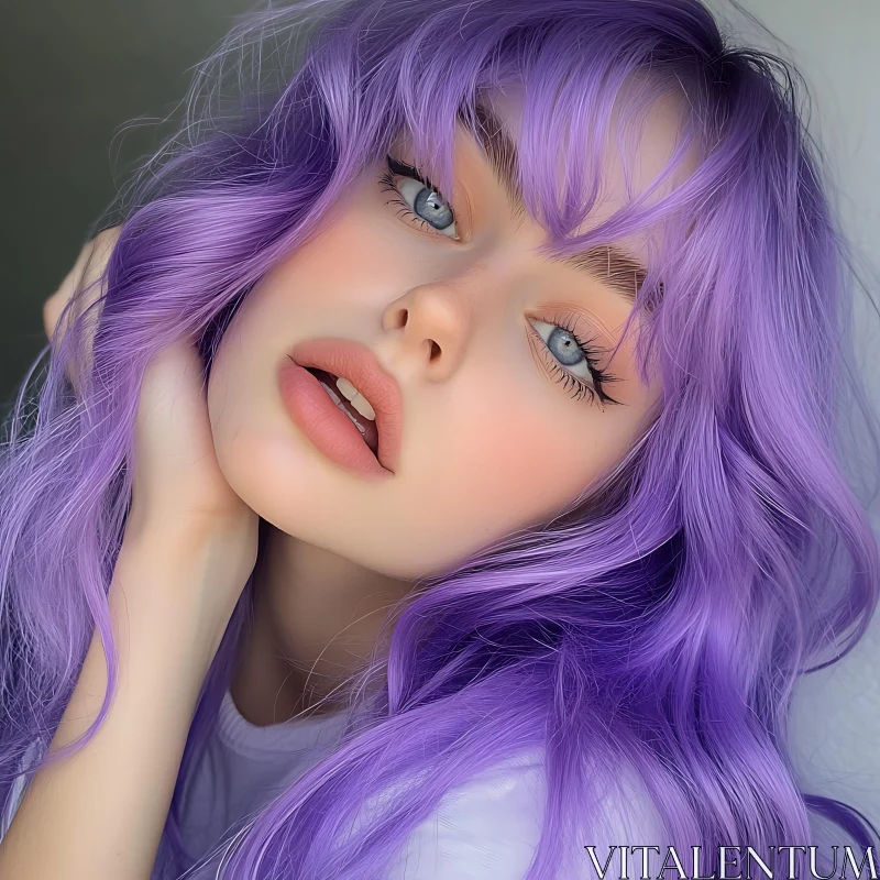 Striking Woman with Purple Hair and Blue Eyes AI Image