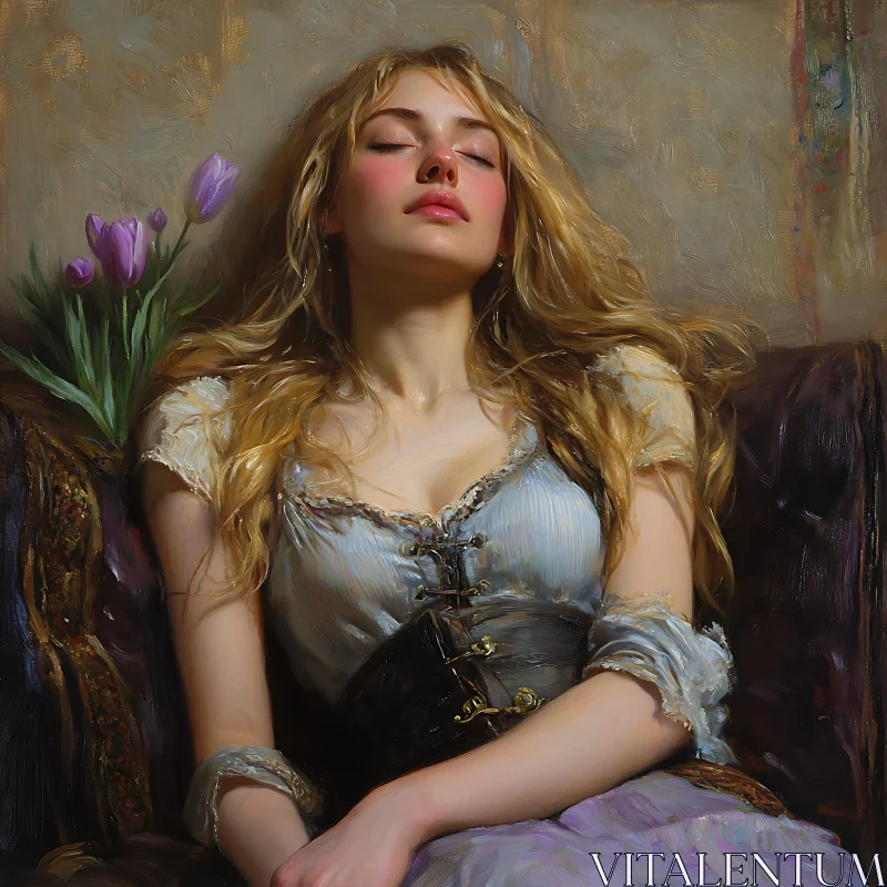 Peaceful Blonde Woman in Classic Oil Painting AI Image