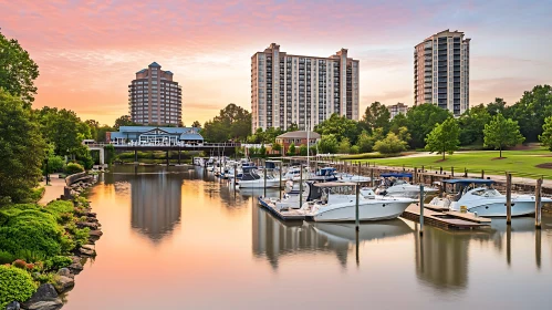 Sunset Marina with Docked Boats and City Buildings