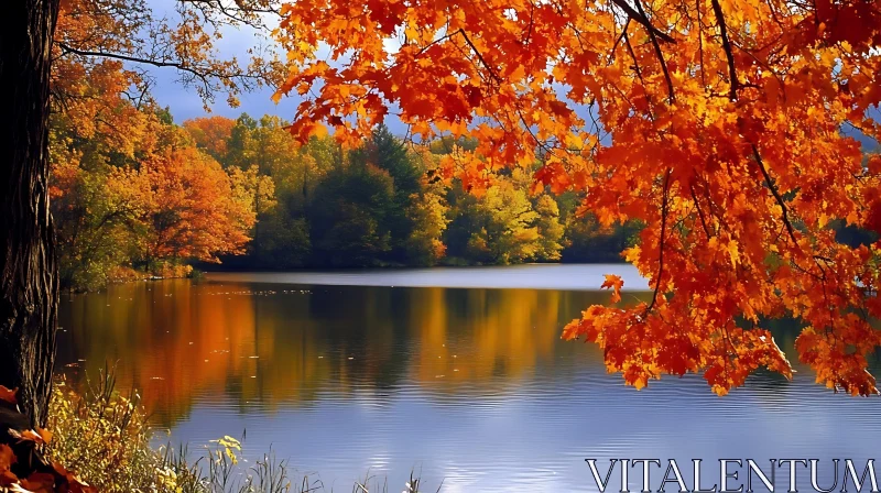 Tranquil Lake in Fall with Colorful Trees AI Image