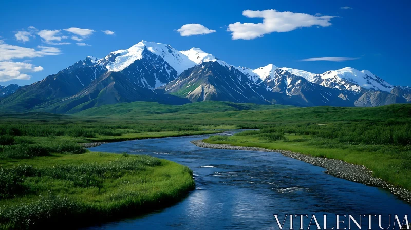 Serene Valley with Snow-capped Peaks AI Image