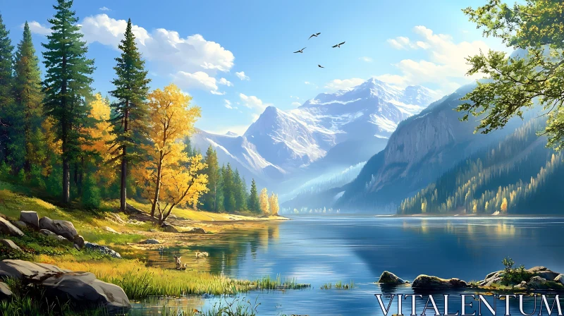 AI ART Tranquil Mountain Lake with Forest Scenery