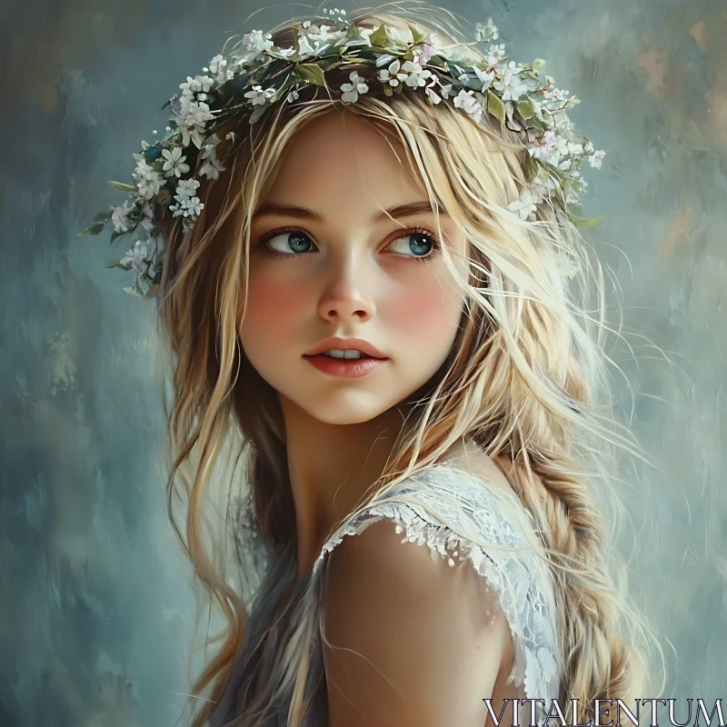 Enchanting Female Portrait with Floral Headpiece AI Image