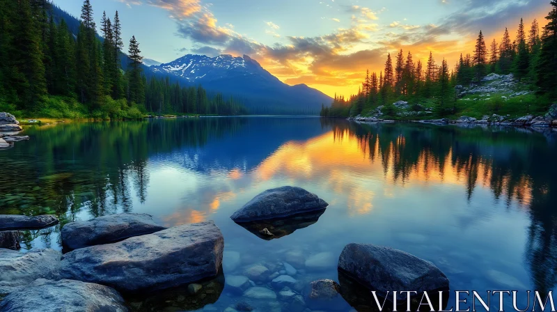 Peaceful Lake with Mountain Sunset AI Image