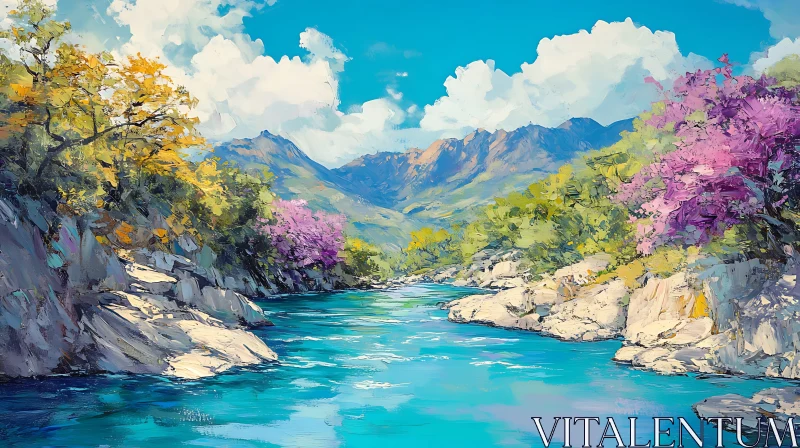 Tranquil River Scene with Colorful Foliage and Majestic Mountains AI Image