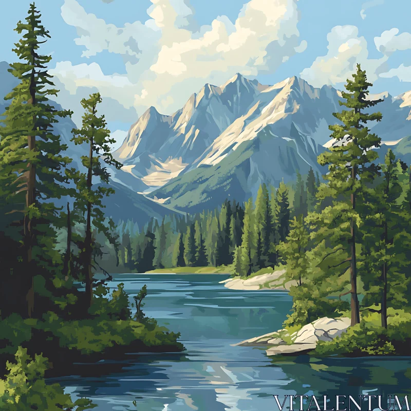 Serene Forest Lake with Majestic Mountains AI Image