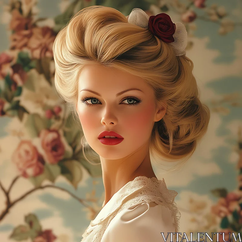 Beautiful Blonde Woman with Floral Wallpaper AI Image