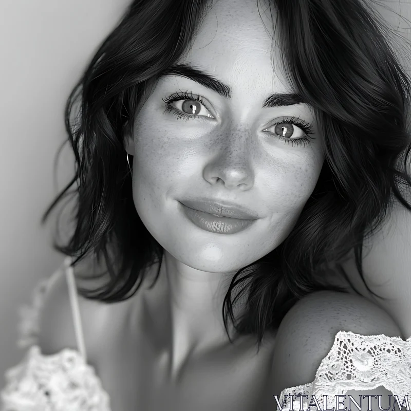 Freckled Woman's Monochrome Portrait AI Image