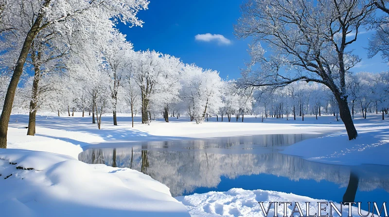 Serene Snowy Winter Landscape with Reflective Pond AI Image