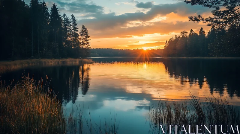 Golden Sunset Reflecting on Forest Lake AI Image