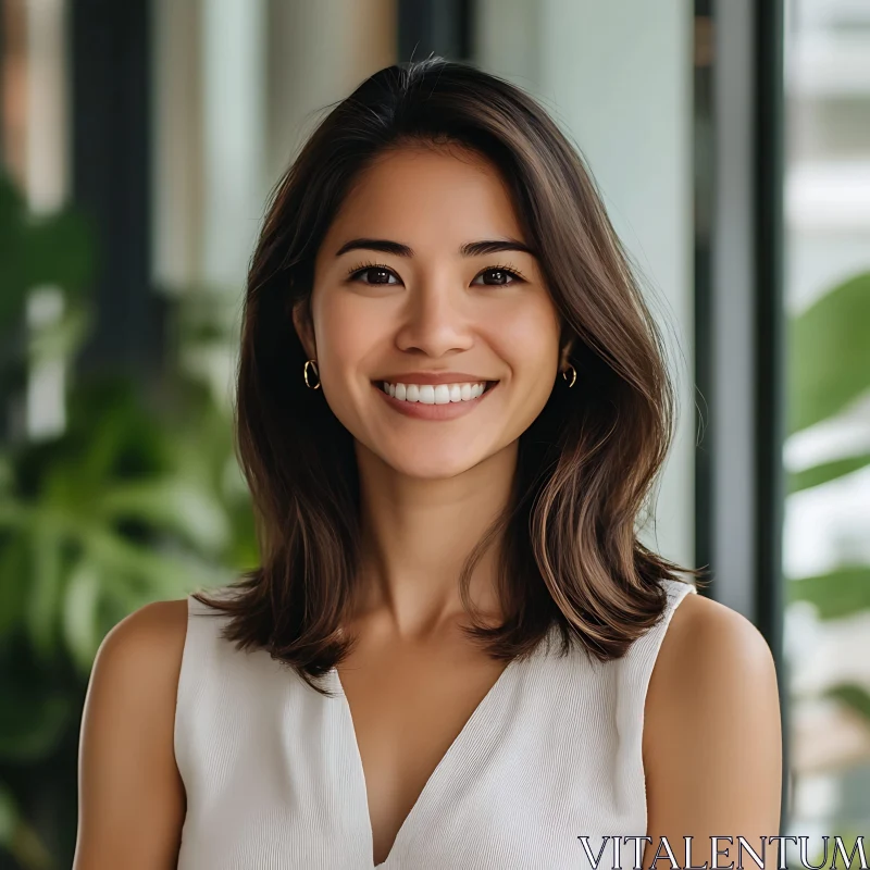 Radiant Smiling Woman Indoors with Greenery AI Image