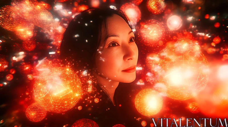 Contemplative Woman Amidst Fiery Orbs AI Image