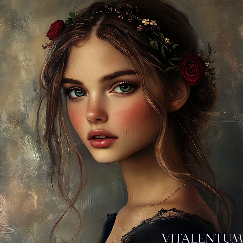 Artistic Female Portrait with Roses in Hair AI Image