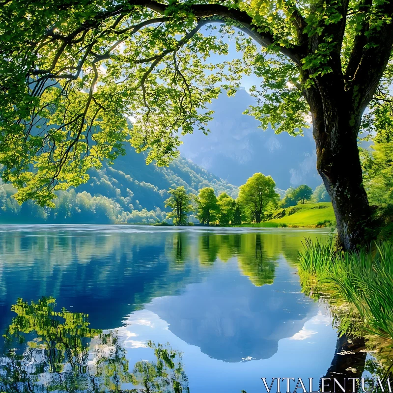 Tranquil Lake with Mountain and Tree Reflections AI Image