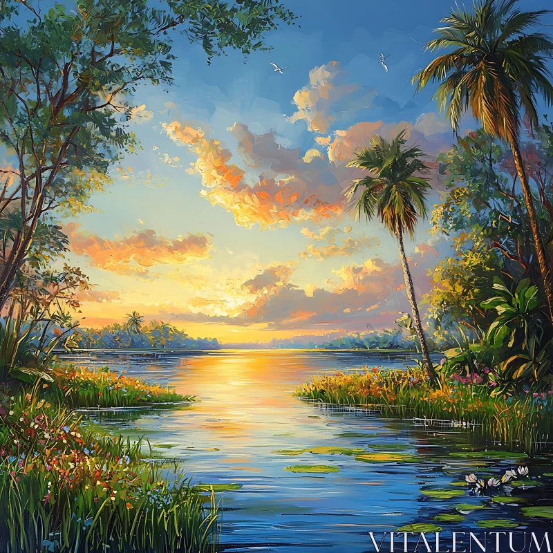 AI ART Tranquil Tropical Lake at Sunset