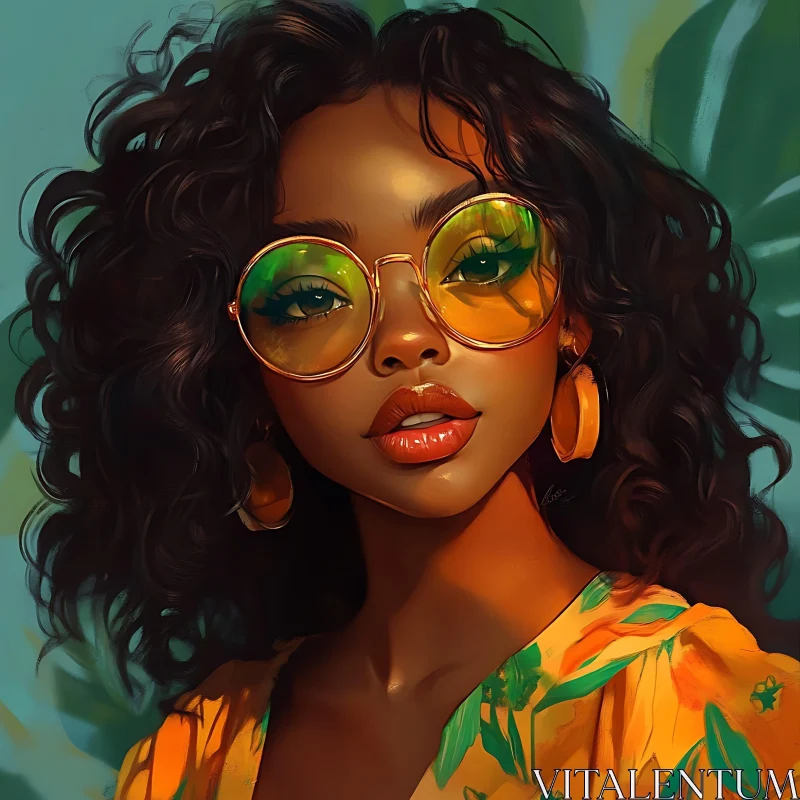 Fashionable Woman with Curly Hair and Yellow Glasses AI Image