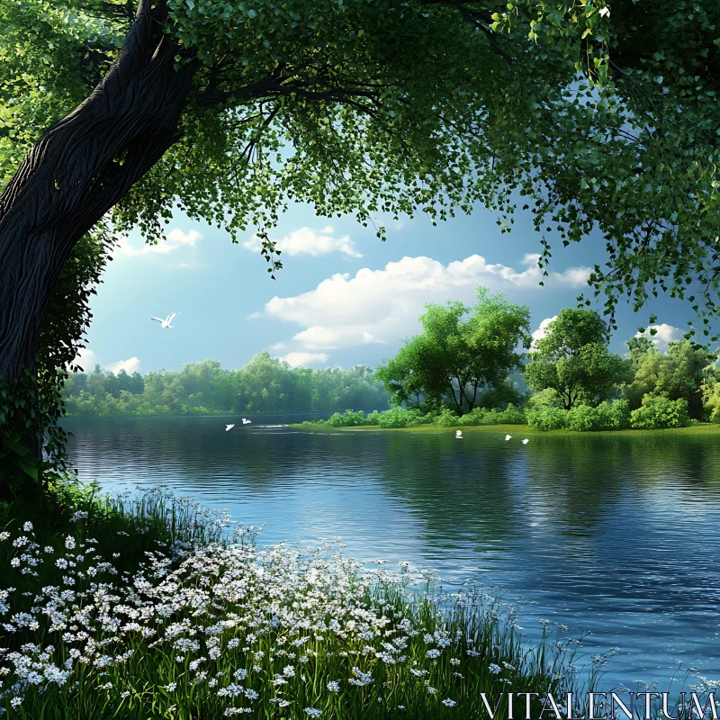 Tranquil Lake with White Flowers and Trees AI Image