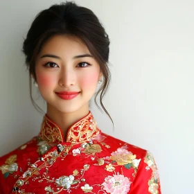 Portrait of Woman in Red Traditional Asian Dress