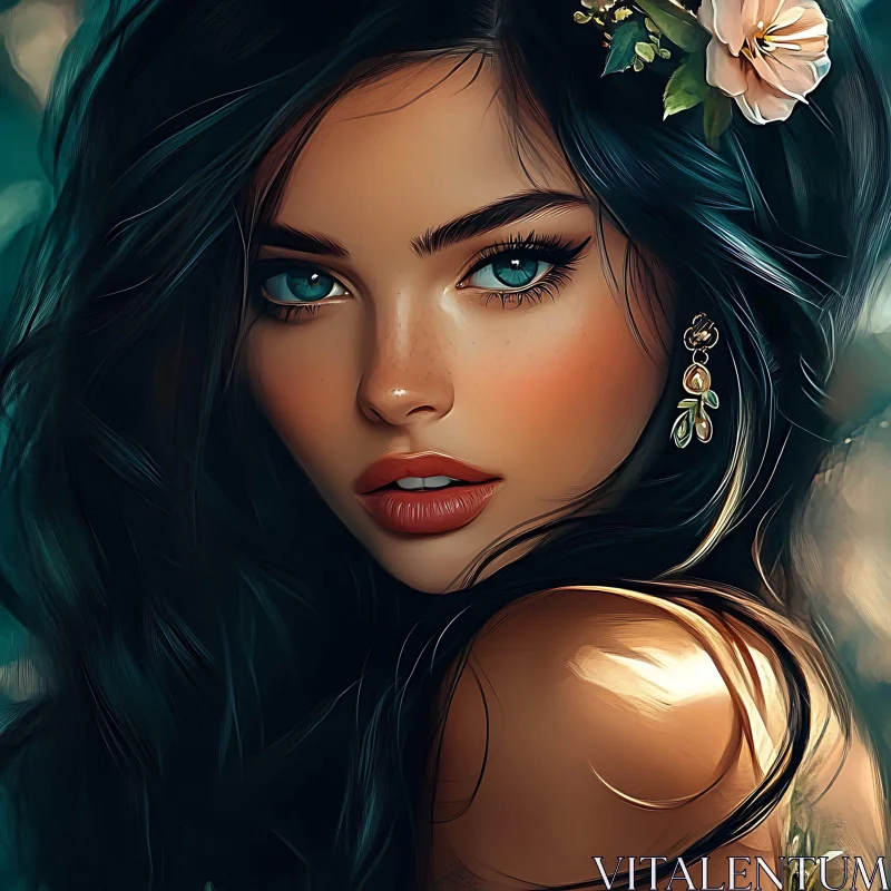 AI ART Elegant Woman with Blue Eyes and Floral Adornments