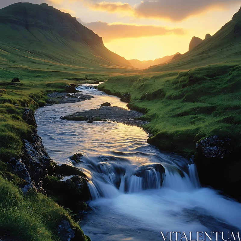 Golden Sunset Over Flowing River in Valley AI Image