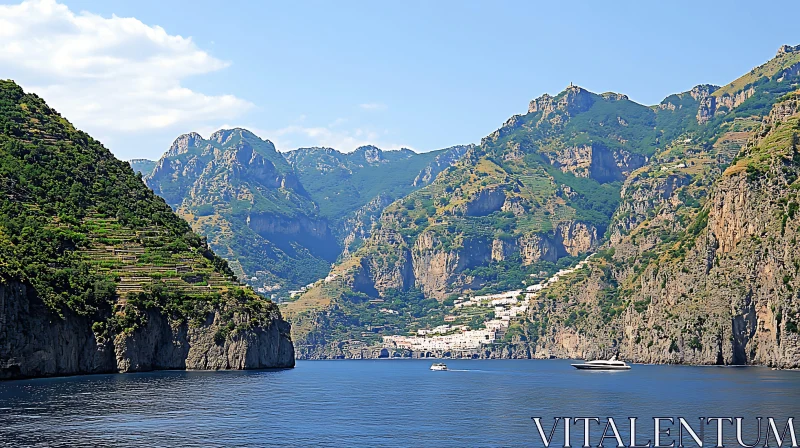 AI ART Serene Coastal Scene with Mountains and Blue Sea