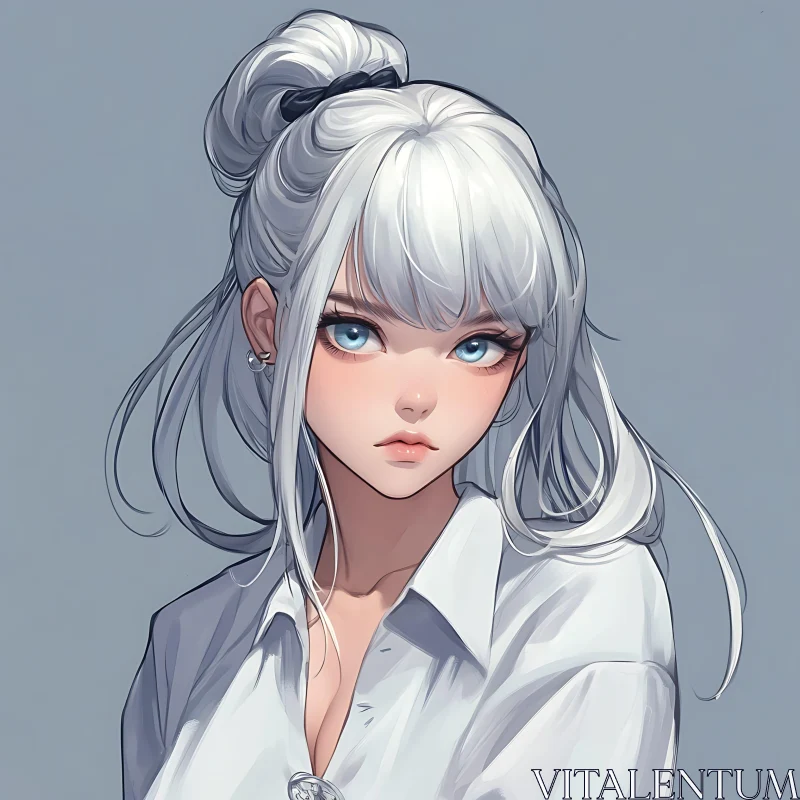 Blue-Eyed Anime Girl with White Hair AI Image