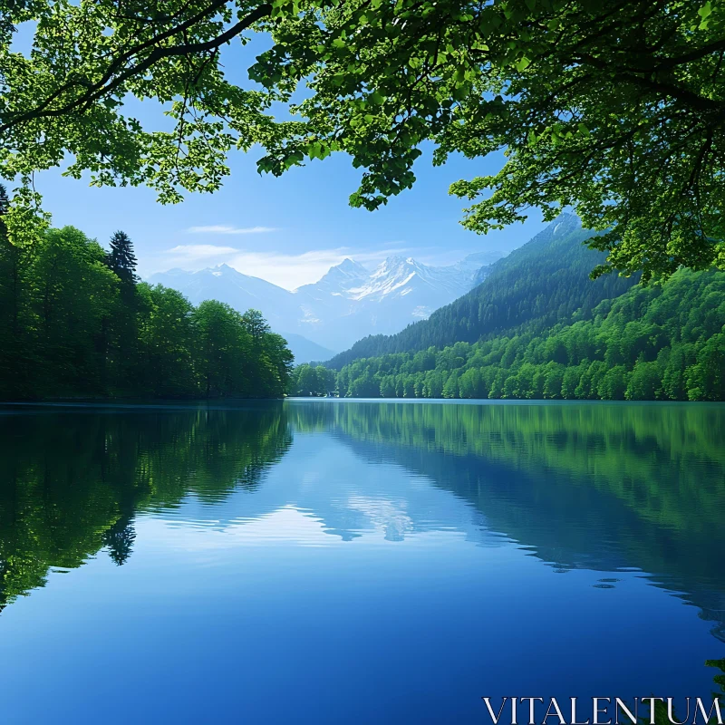 Peaceful Forest Lake with Mountain Views AI Image