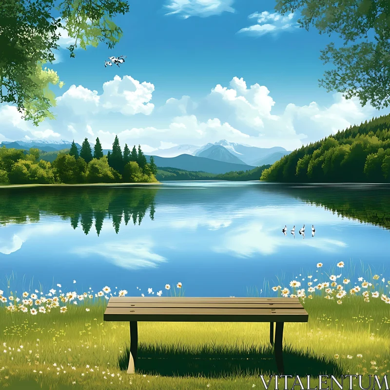 Serene Lakeside View with Flowers and Mountains Serene Lakeside View with Flowers and Mountains