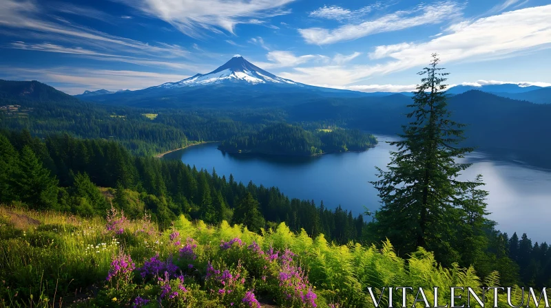 Majestic Mountain with Lake and Wildflowers AI Image