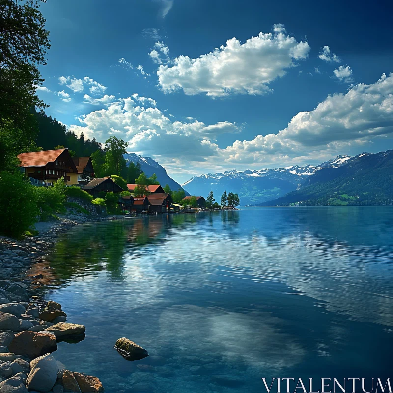 Tranquil Lake with Mountainous Horizon and Lakeside Houses Tranquil Lake with Mountainous Horizon and Lakeside Houses