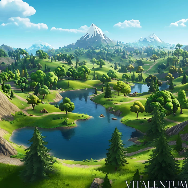 Lush Green Hills with Serene Lakes and Snow-Capped Mountains Lush Green Hills with Serene Lakes and Snow-Capped Mountains