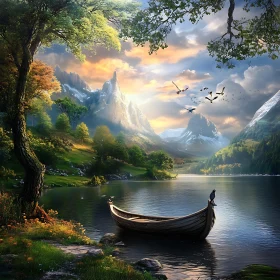 Tranquil Lake Scene with Wooden Boat and Stunning Mountain Views