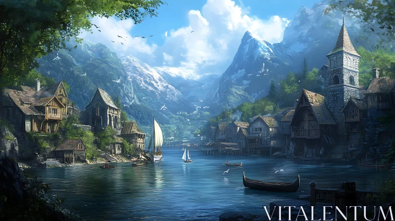 Lakeside Village with Stone Church and Sailboats Lakeside Village with Stone Church and Sailboats
