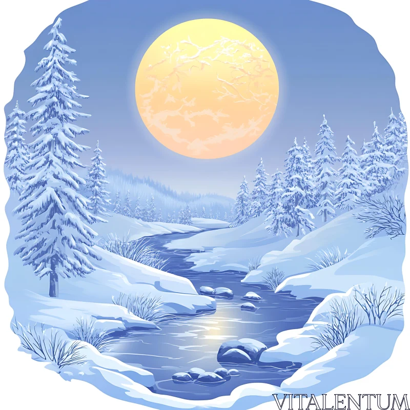 Peaceful Snowy Night with Full Moon and River Peaceful Snowy Night with Full Moon and River