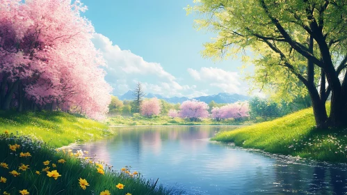 Tranquil Meadow with Blossoming Flowers and Reflective Pond