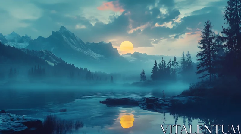 Tranquil Sunset Over Misty Mountains and Calm Lake Tranquil Sunset Over Misty Mountains and Calm Lake