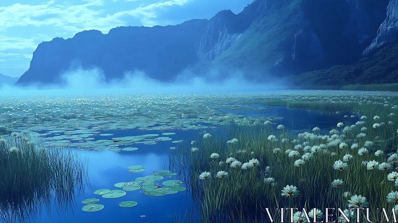 Tranquil Mountain Lake with Blooming Flowers Tranquil Mountain Lake with Blooming Flowers
