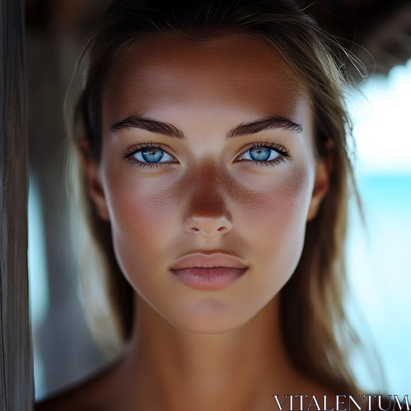 Serene Woman's Portrait with Blue Eyes and Freckles