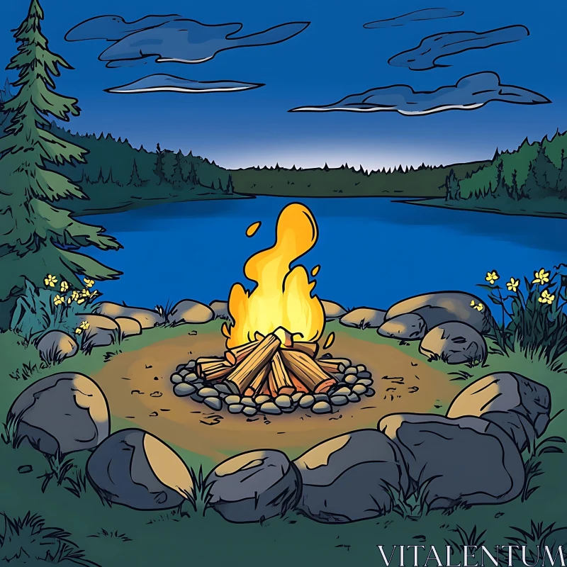 Calm Nighttime Lake Scene with Campfire Art Calm Nighttime Lake Scene with Campfire Art