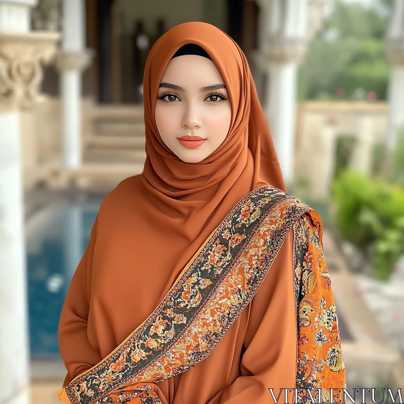 Graceful Woman in Detailed Orange Attire Graceful Woman in Detailed Orange Attire