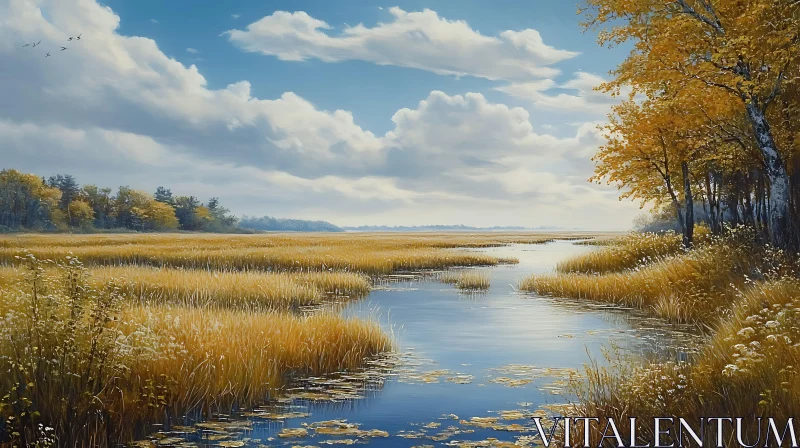 Tranquil Lake in Autumn Surrounded by Golden Foliage Tranquil Lake in Autumn Surrounded by Golden Foliage